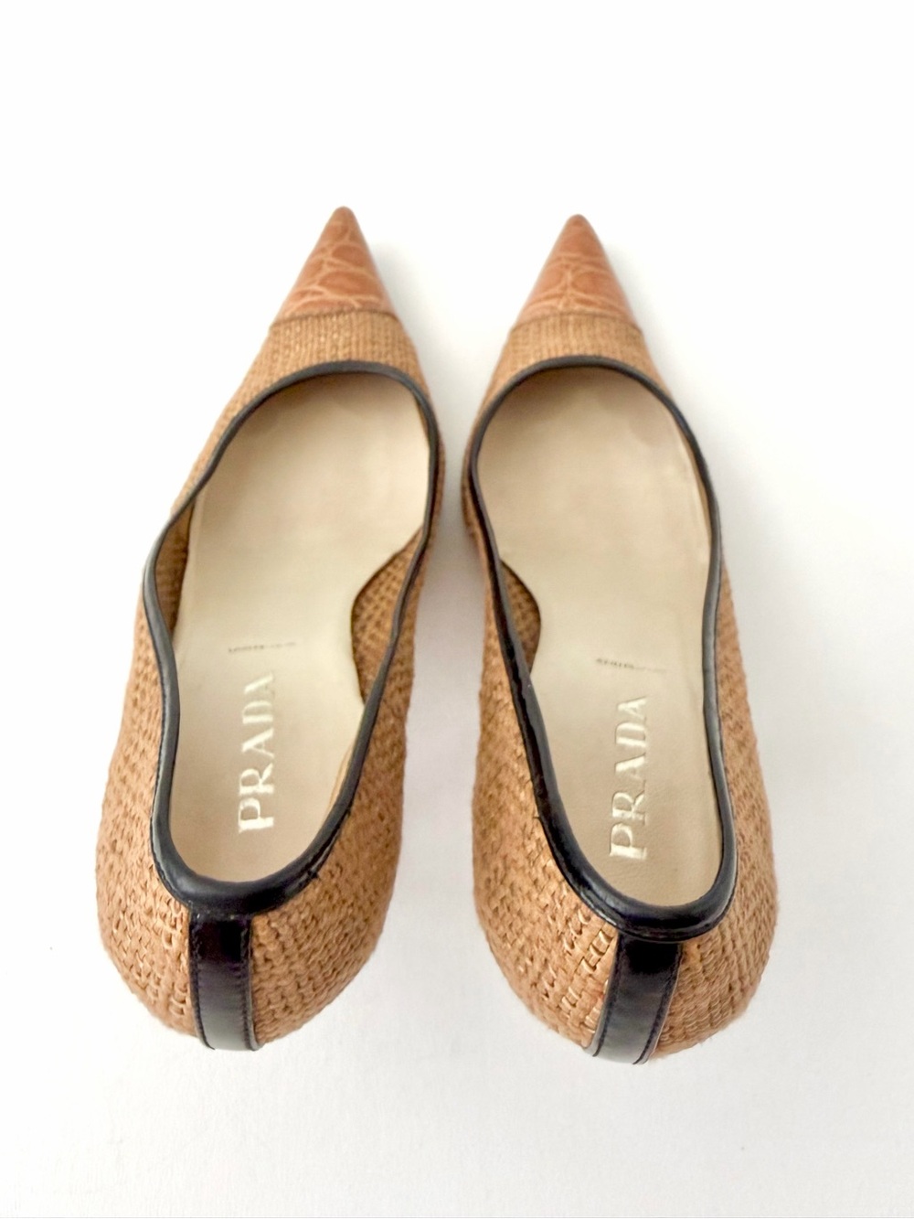 PRADA | Vintage Raffia Woven Leather Tan Pointed Toe Kitten Heel Pumps EU 37 - Picture 11 of 14